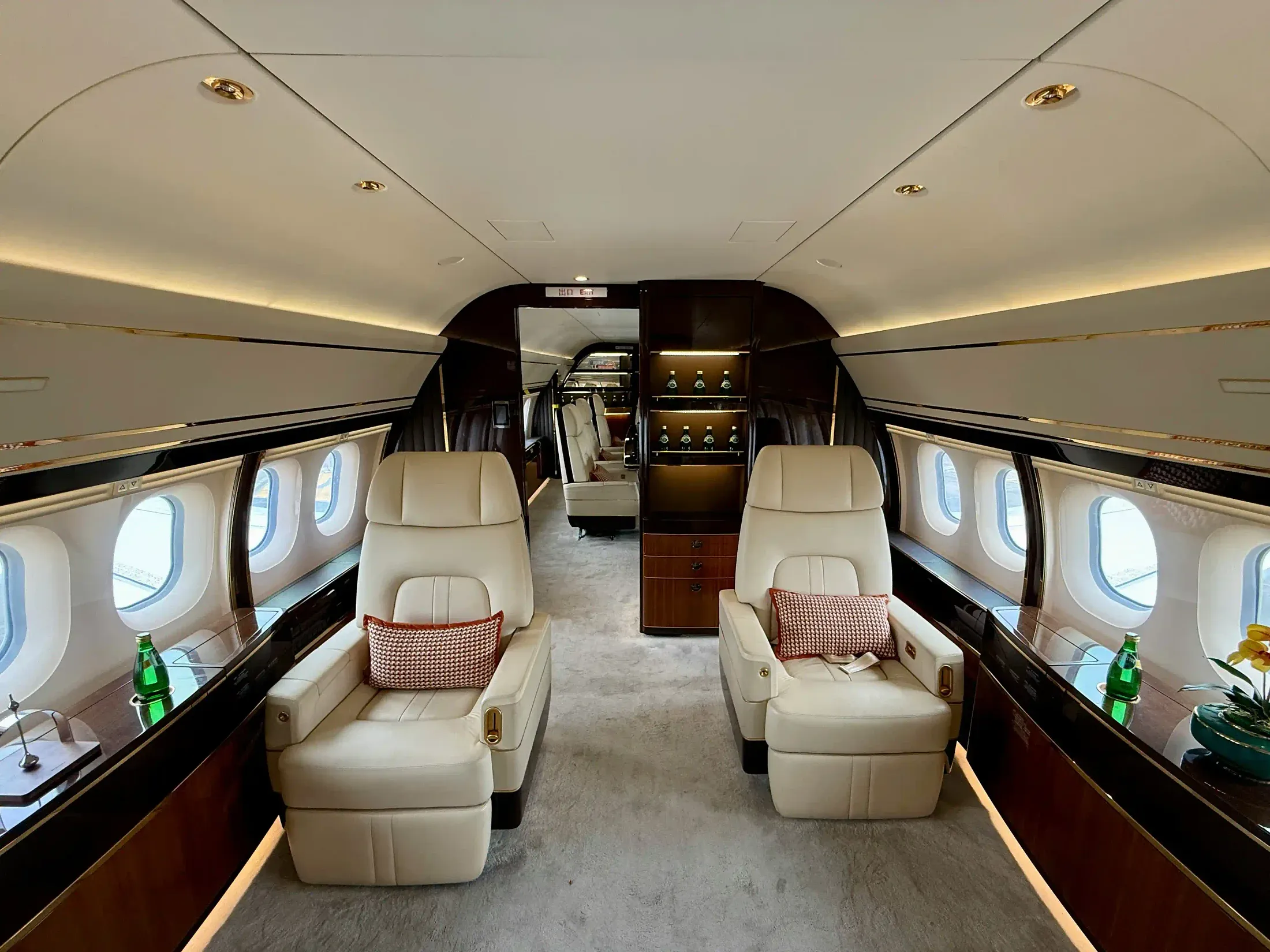 Immaculate large-cabin jet interior prepared for pre-embarkation disinsection before an international departure