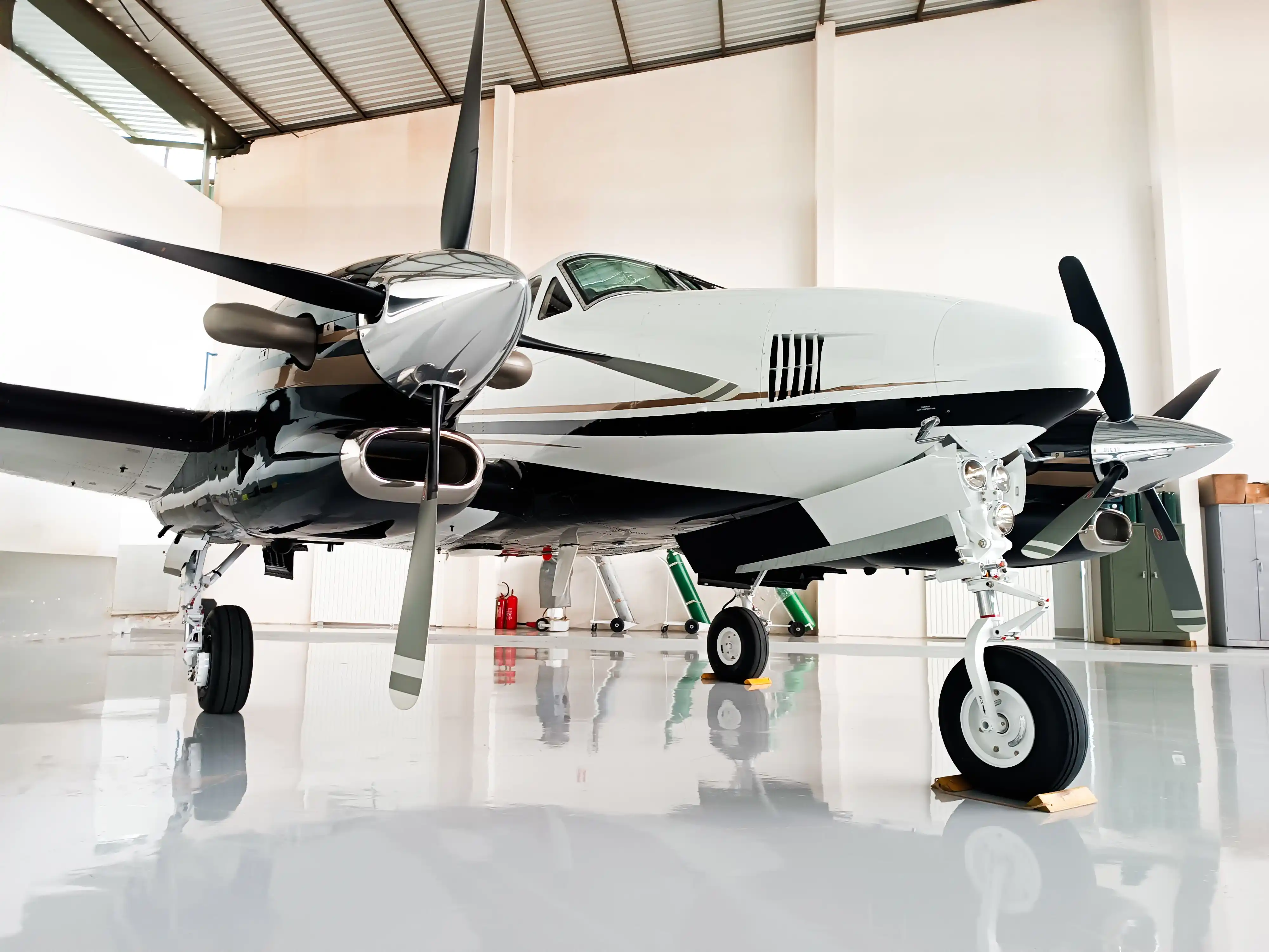 King Air with polished brightwork in the hangar